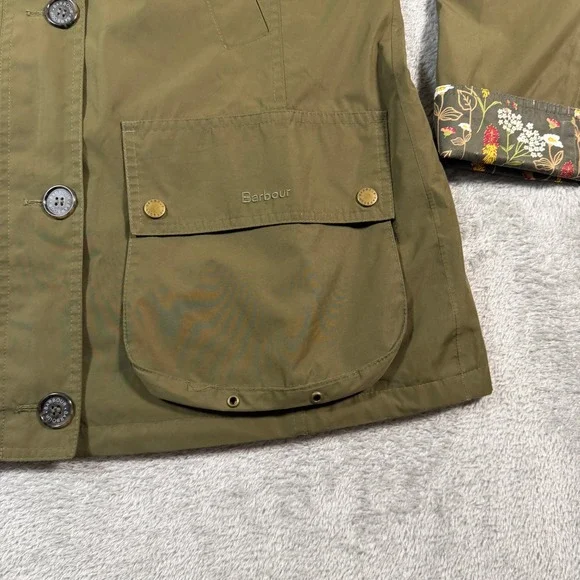 Barbour Wytherstone Waterproof Jacket Women 8 Olive Green Floral Lined Hooded - Picture 2 of 10